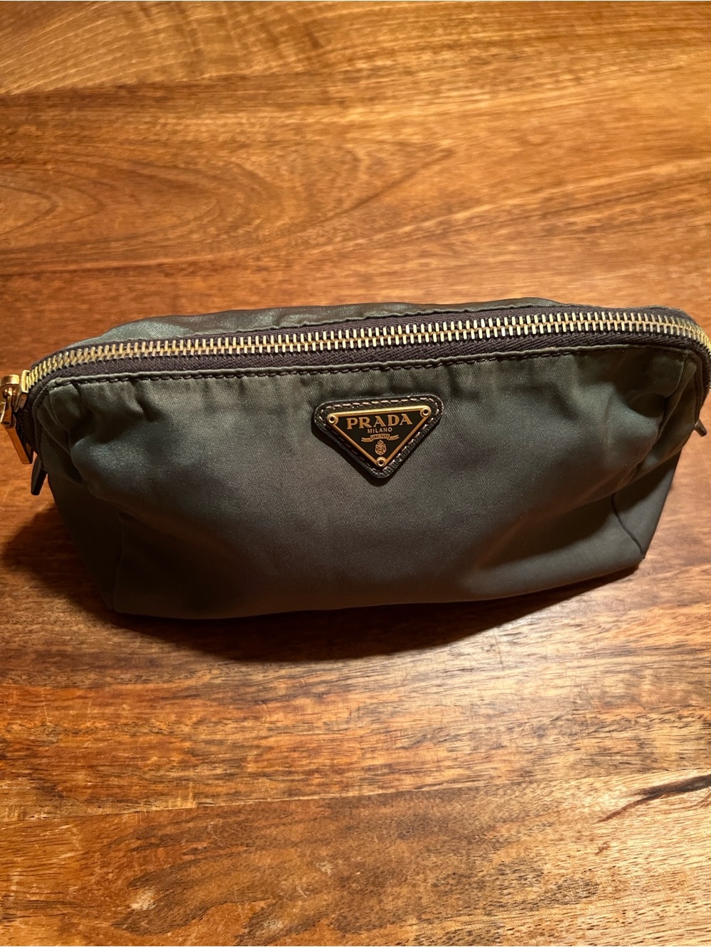 Prada Grey Nylon Cosmetic Pouch with Gold Hardware